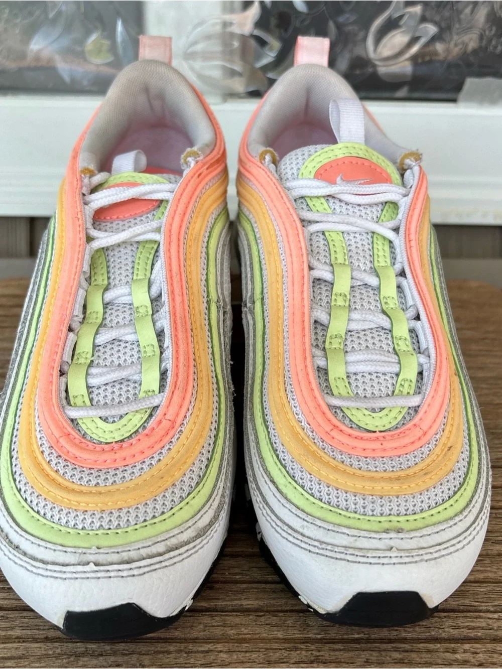 Nike Women's White Sneakers with Coral, Yellow & Lime Accents 5.5